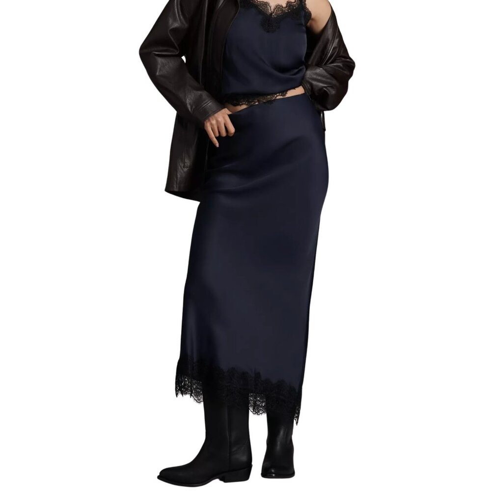 ALIGNE Ari Lace-Trim Satin Slip Maxi Skirt Blue NWT $175 Sz 4